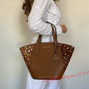 NWT Michael Kors Portia Small Tote Brown Luggage Leather Haircalf Bag $428